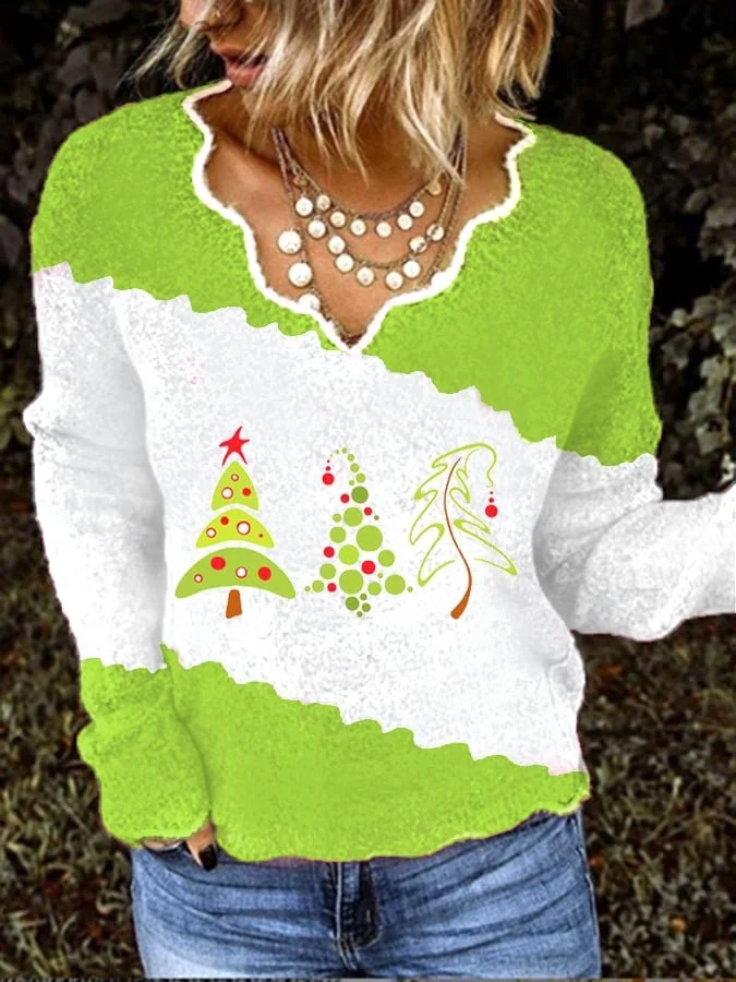 Women's   Christmas Tree Print V-Neck Knit Top