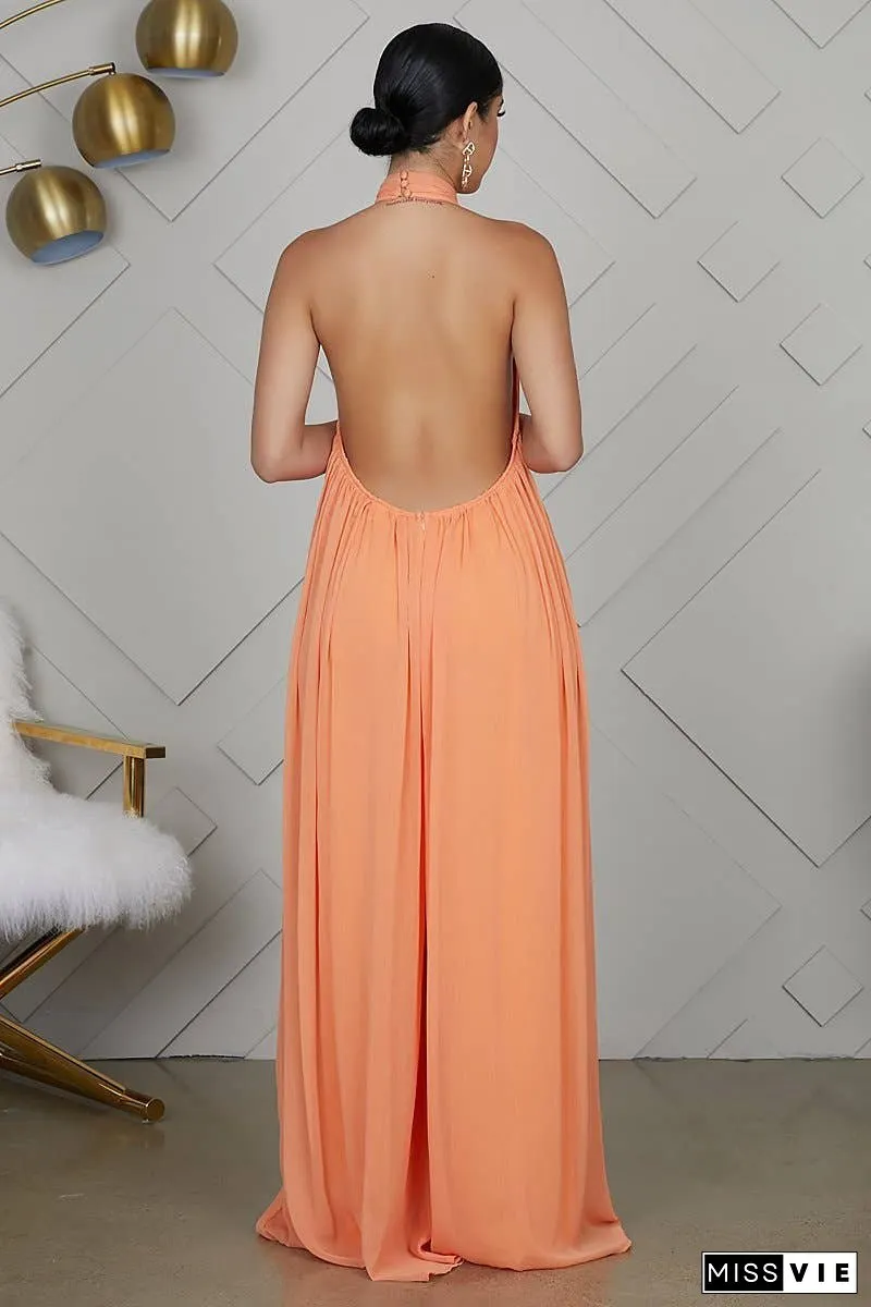 SS/24 chiffon halter backless pleated wide leg jumpsuit