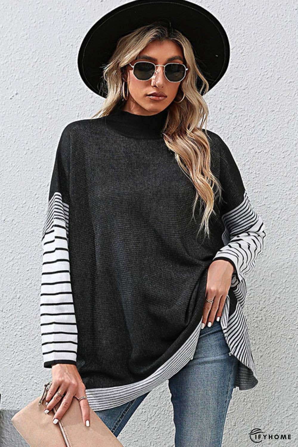 Striped Dolman Sleeve Mock Neck Knit Pullover | IFYHOME