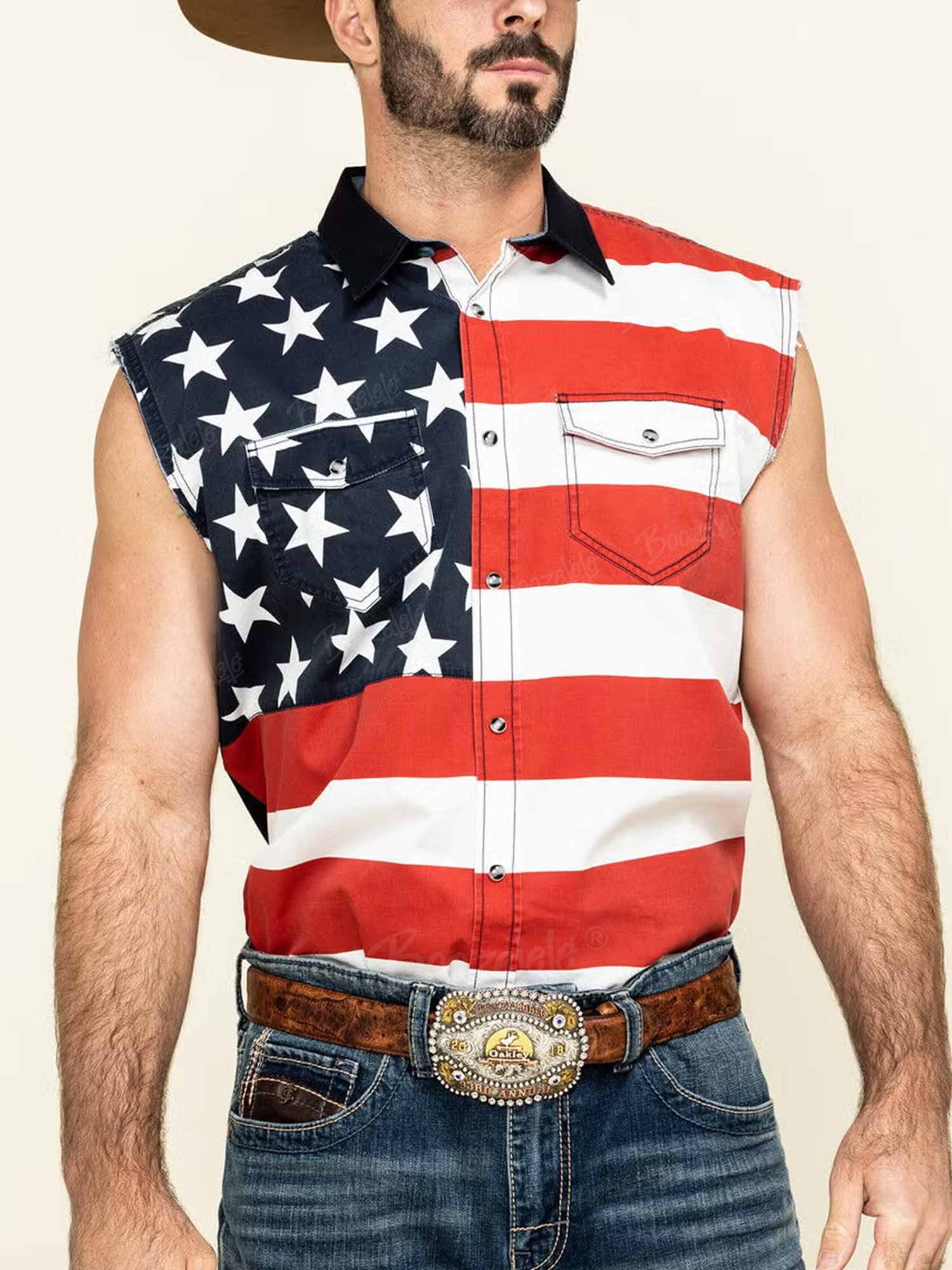 American Flag Western Cowboy - Men'S 100% Cotton Sleeveless Shirt
