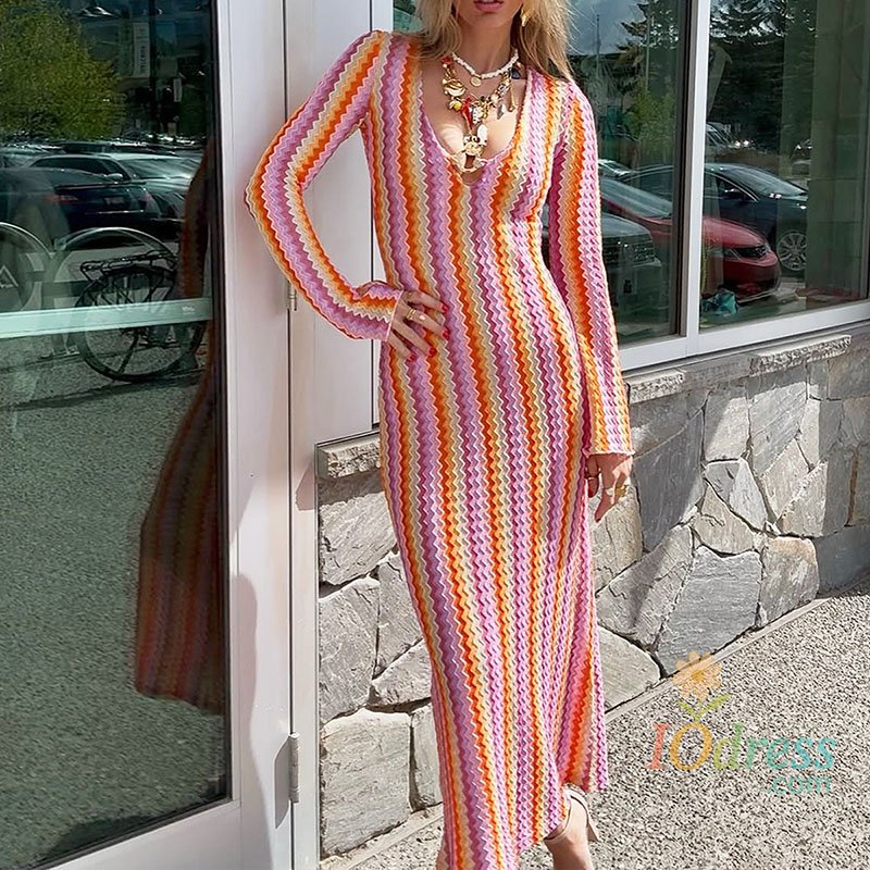IO Dress Autumn Colorful Striped Printed Dress Beach Wrap Hip Long Sleeve Party Dress Sexy Lady V Neck High Waist Slim Holiday Dress IO Dress