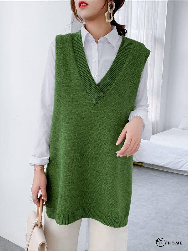 Trendy Sleeveless Split-Side Solid Color V-Neck Knitted Vest | IFYHOME