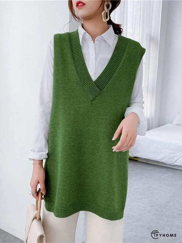 Trendy Sleeveless Split-Side Solid Color V-Neck Knitted Vest | IFYHOME