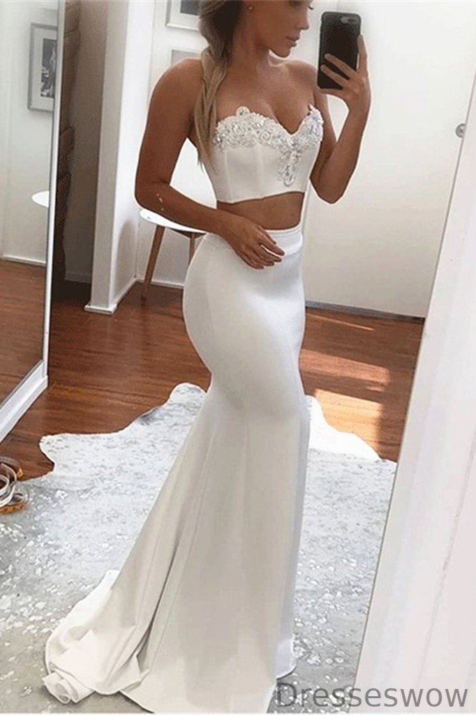 Dresseswow Two Pieces White Mermaid Prom Dress With Appliques