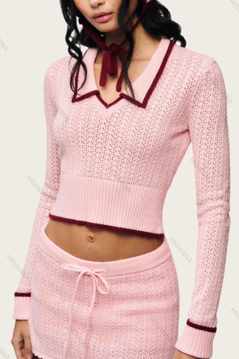 Polo Collar Openwork Knit Long-Sleeve Crop Top - HIGIANNA&reg;