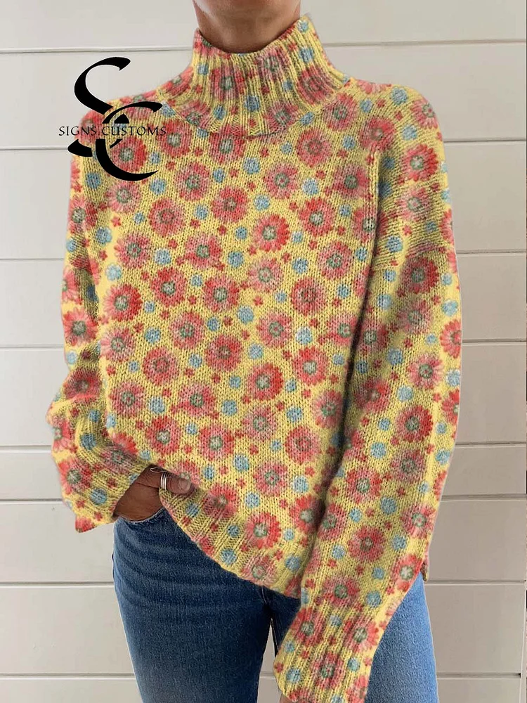 Women's Vintage Art Flower Print Knit Turtleneck Pullover Sweater