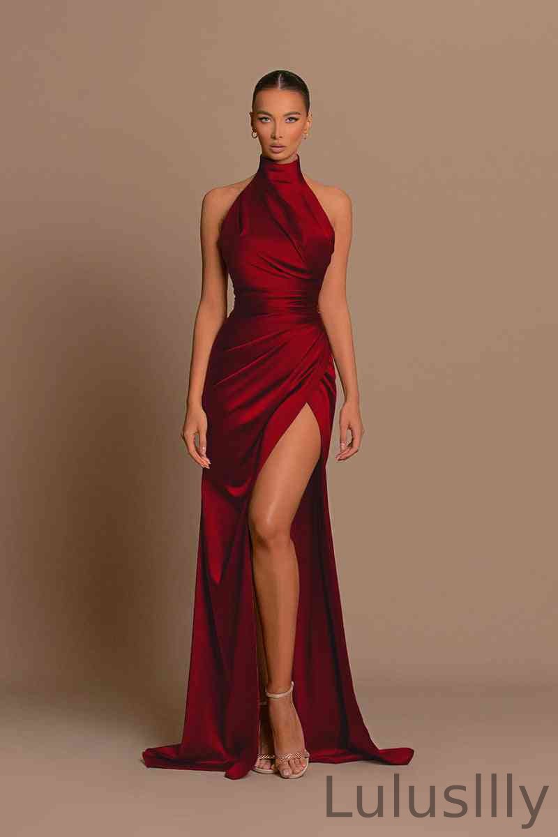 Beautiful High Neck Sleeveless Evening Dress Mermaid Slit Long With Pleats - lulusllly