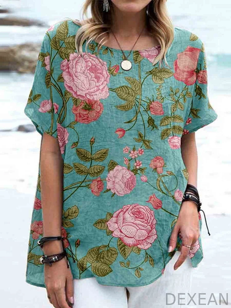 Women's Elegant Vintage Rose Floral Print Linen Top