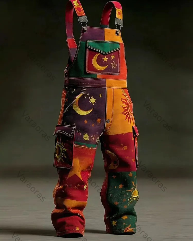 Men's Summer Star and Moon Embroidered Color-Blocked Overalls 1651