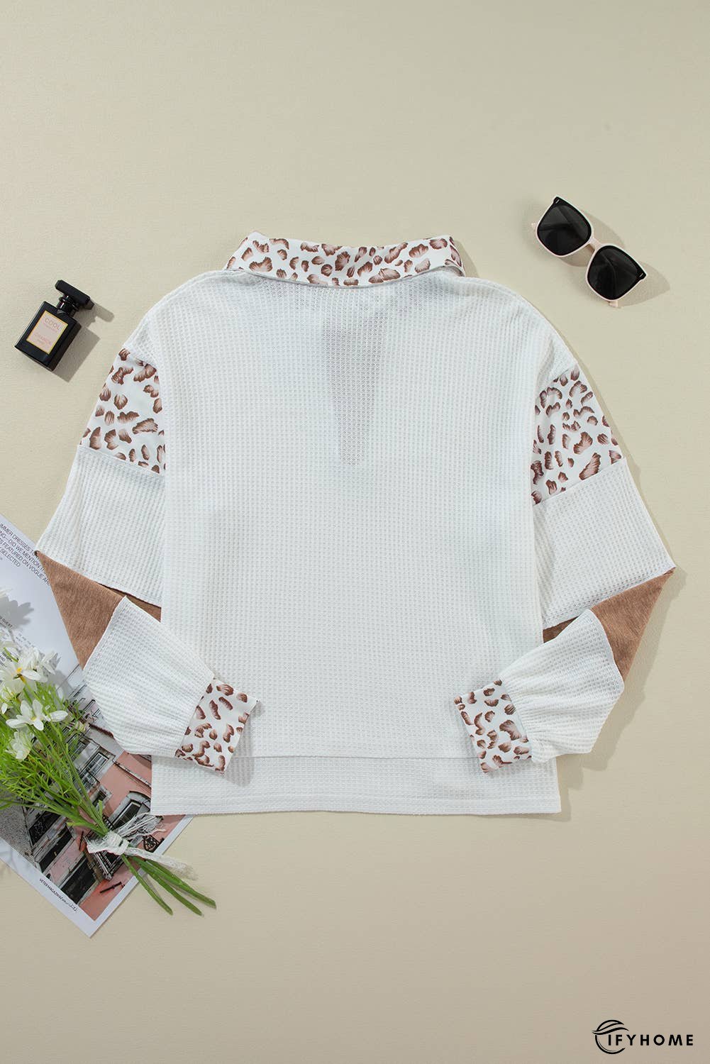 Leopard Patchwork Turn-down Collar Waffle Top | IFYHOME