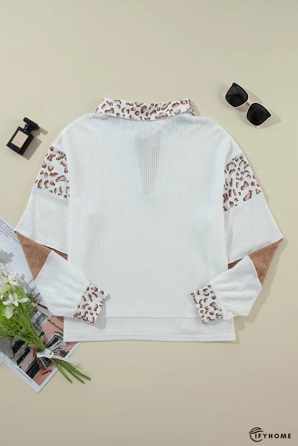 Leopard Patchwork Turn-down Collar Waffle Top | IFYHOME