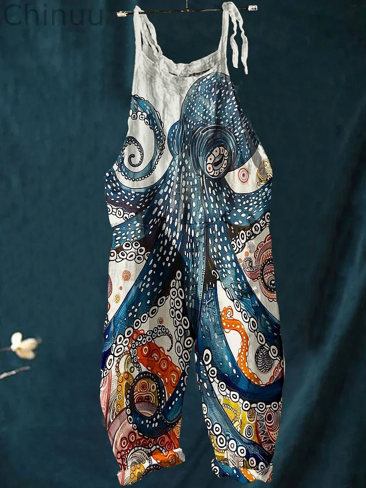 Women's Vintage Octopus Art Print Casual 100% Cotton Wide Leg Jumpsuit