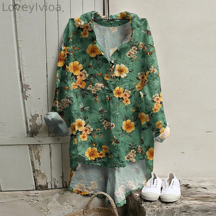 Retro Floral Bees Print Long Sleeve Casual Shirt