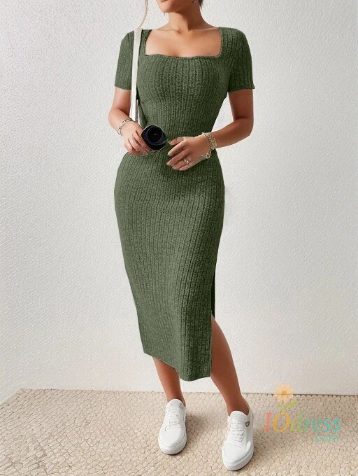 IO Dress Summer Square Neck, Hip-Hugging Mid-Length Skirt, Short-Sleeved, Versatile Knitted Slit Dress