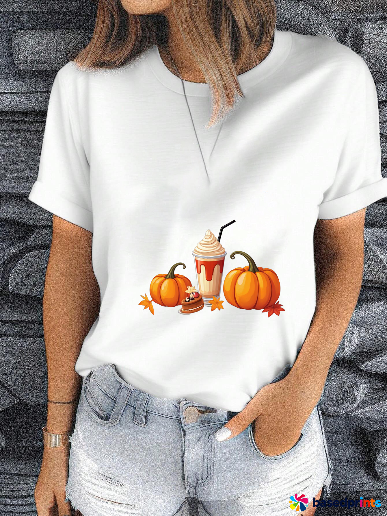 White Short Sleeve T-Shirt with Pumpkin and Coffee Design