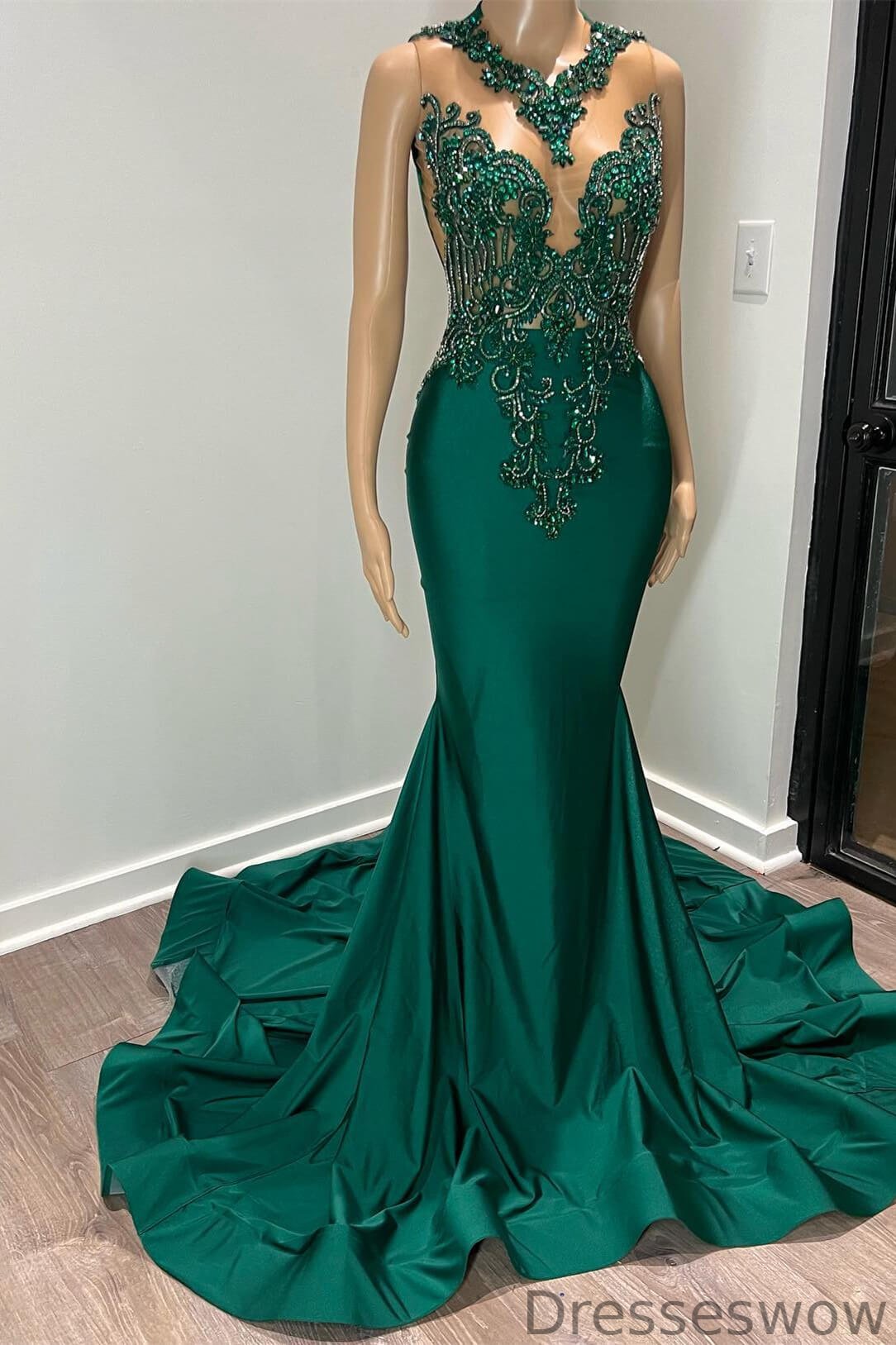 Dresseswow Dark Green Scoop Sleeveless Mermaid Ball Dress With Beadings Long