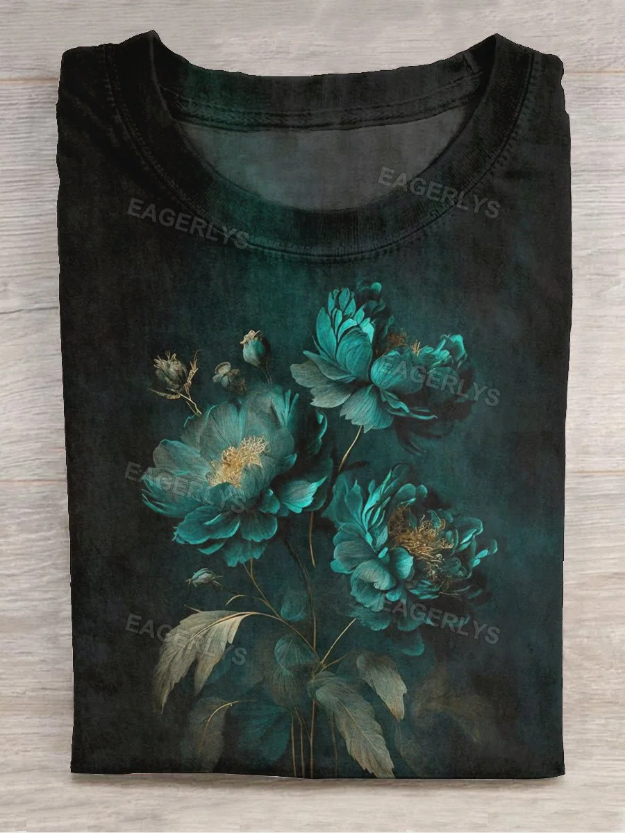 Eagerlys Unisex Floral Art Print Crew Neck Short Sleeve T-Shirt Eagerlys