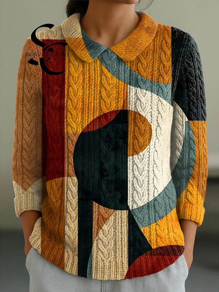 Women's Geometric Pattern Art Print Casual Peter Pan Collar 3/4 Sleeve Sweater