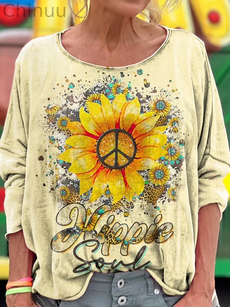 Hippie Soul Print Loose Round Neck Women's Long Sleeve T-Shirt
