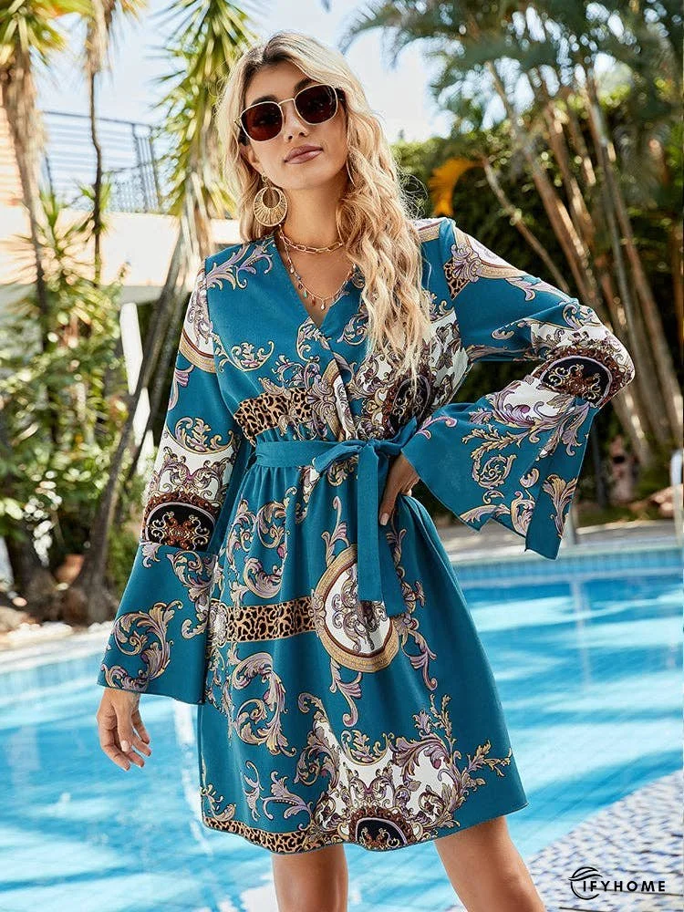 Printed Tie Belt Slit Flare Sleeve Dress | IFYHOME