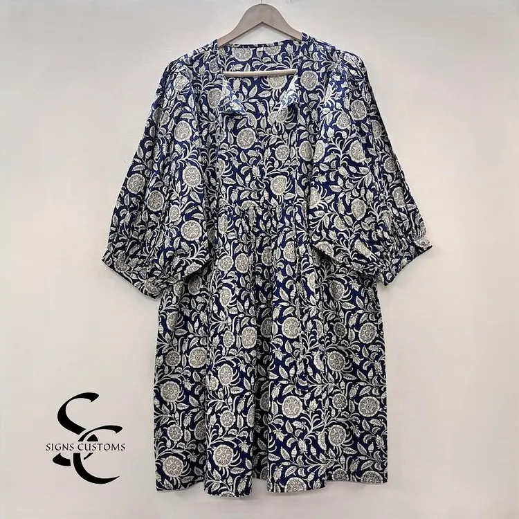 Floral Hand Block Print Soft Cotton Summer Woman Midi Dress &ndash; Elegant Tunic for Women with String Closure