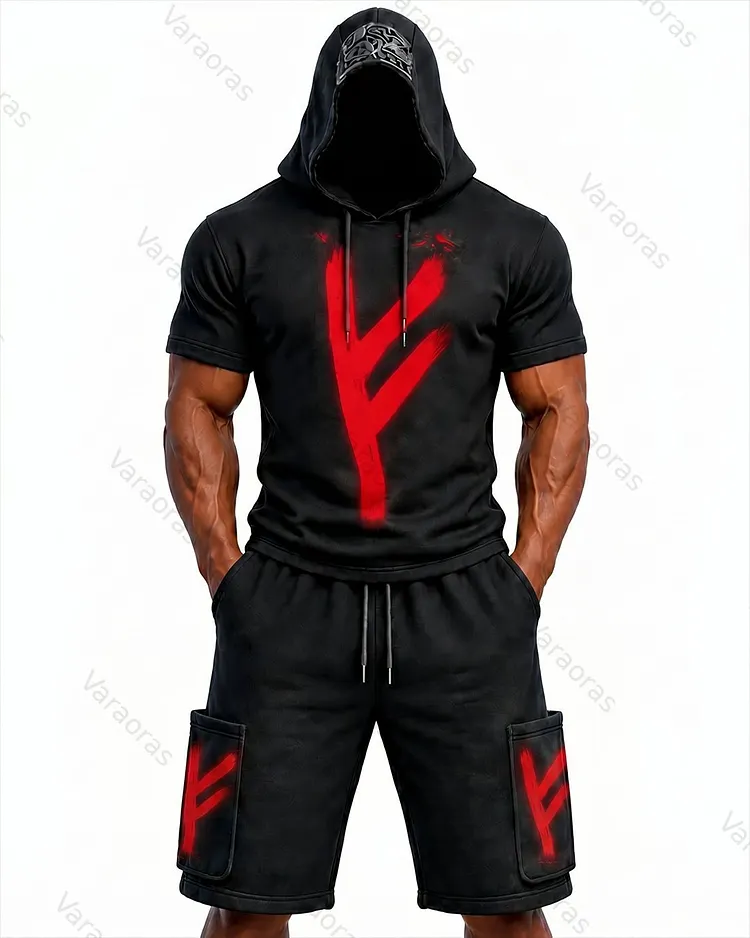 Men's Fashion Viking Rune Print Top & Shorts Two-Piece Set 7272