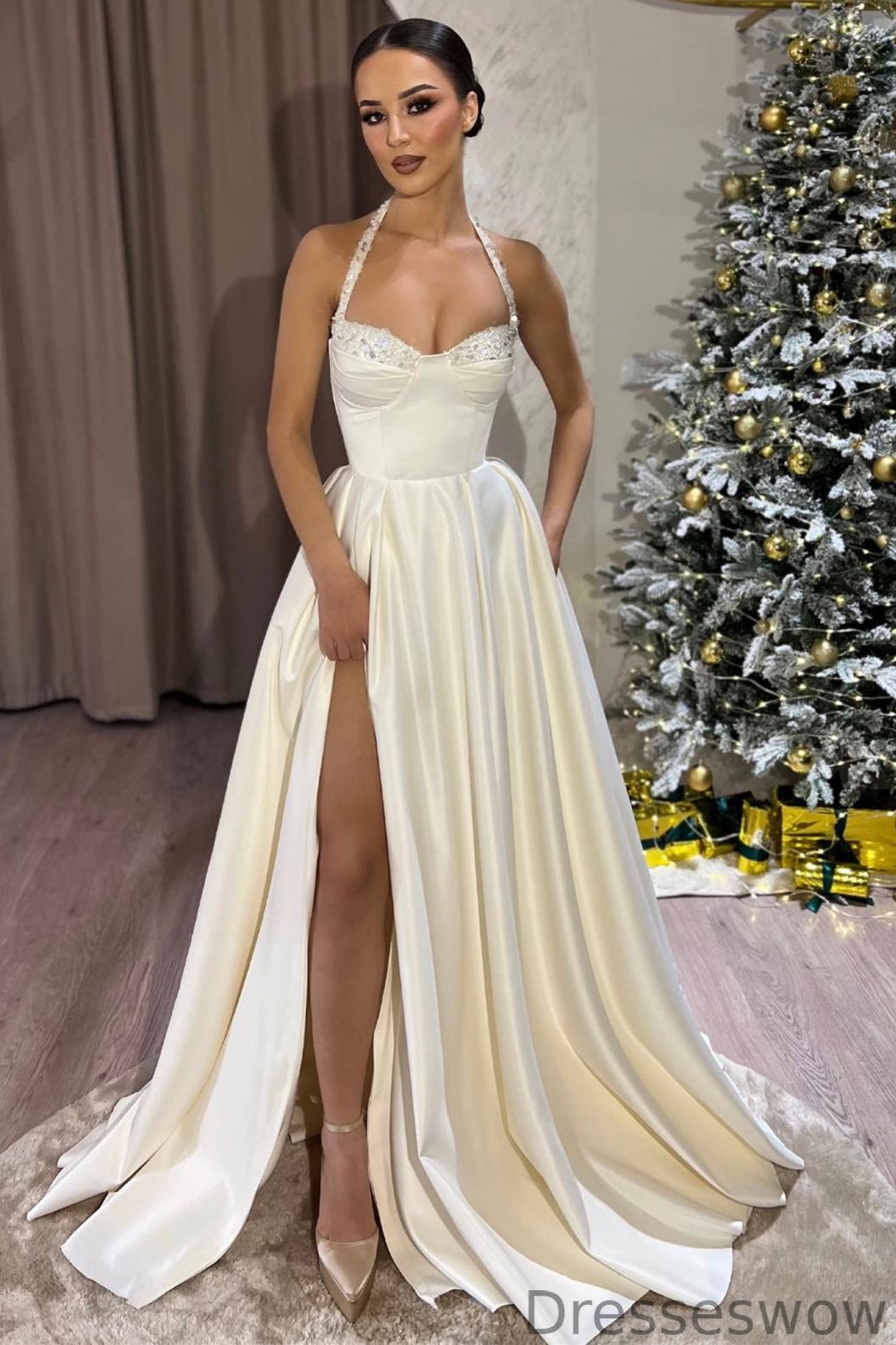 Dresseswow Halter Ivory A-Line Prom Dress Sleeveless Long Split with Beads