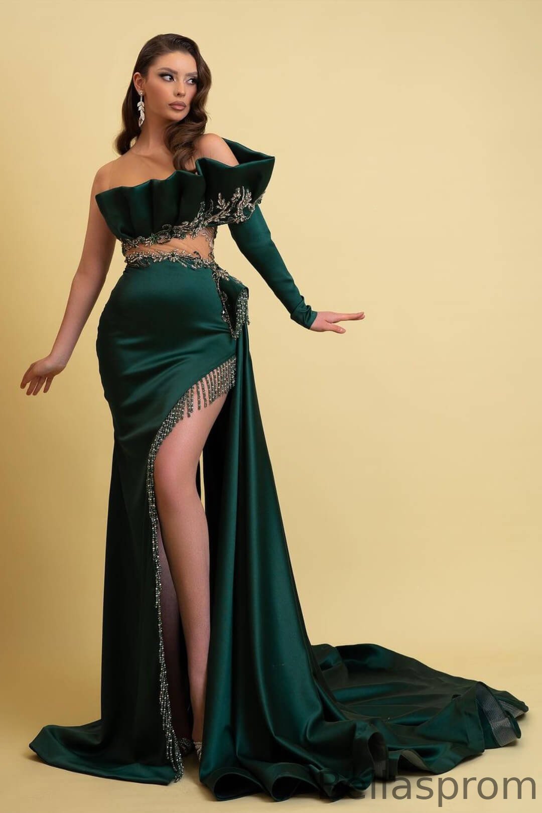 Bellasprom Dark Green Long Sleeve Mermaid Prom Dress With High Split Beadings Ruffles Bellasprom