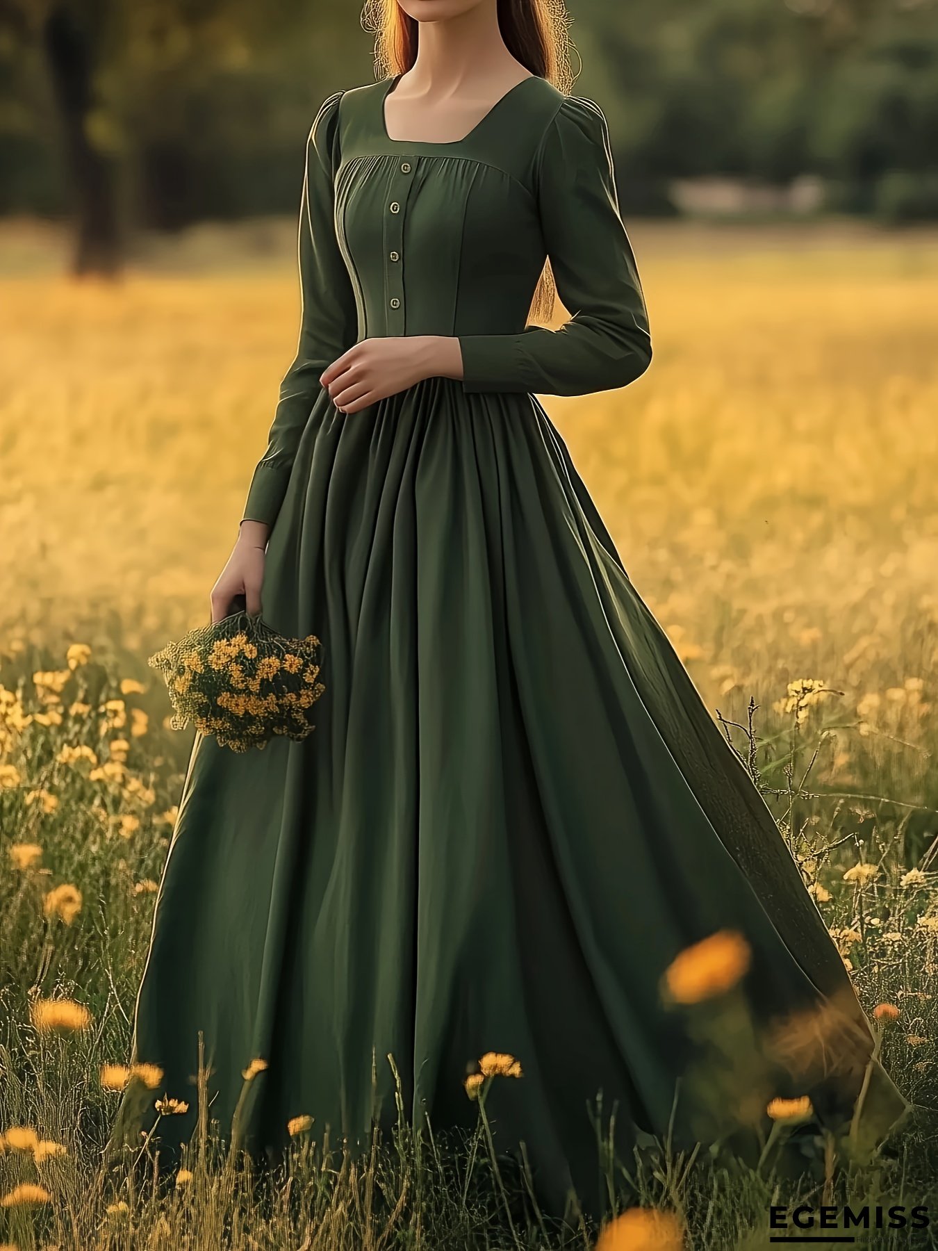 Women's Vintage French Country Dress - Elegant A-Line Maxi Dress With Waist Definition, Long Sleeve Formal & Casual Outfits In Emerald Green - For Spring/Fall/Summer Events, Seasonal Fashion, Timeless Design, Quality Stitching, Button Front | EGEMISS