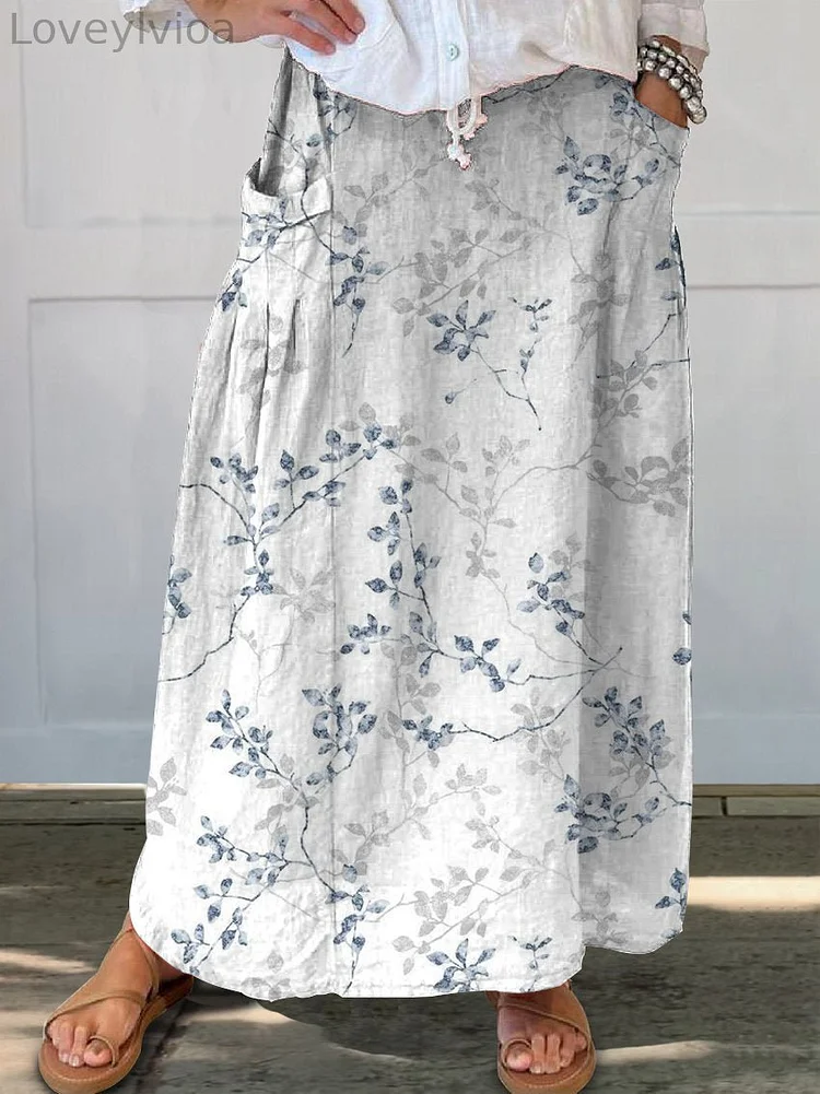 Women's Vintage Floral Art Linen Pocket Skirt