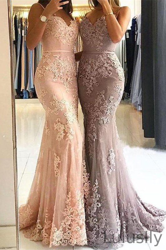 Luluslly Spaghetti-Straps Lace Appliques Evening Dress Long Mermaid 