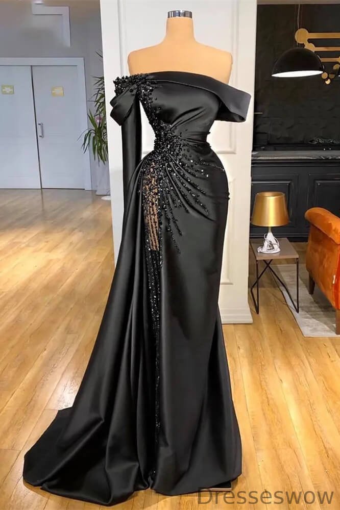Dresseswow Black One Shoulder Long Sleeve Mermaid Evening Gowns With Split Beadings Ruffles
