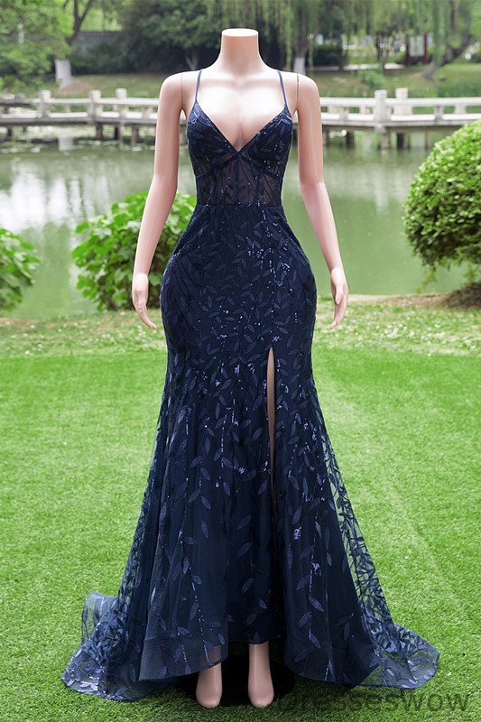 Dresseswow Spaghetti-Straps Dark Navy Prom Dresses Mermaid Long With Split Leaf Appliques