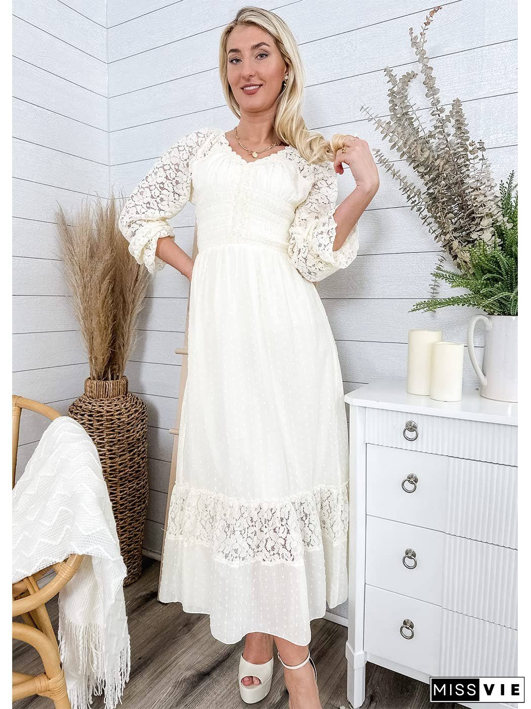 Womens Lace Long Sleeve V Neck Fall Maxi Dress