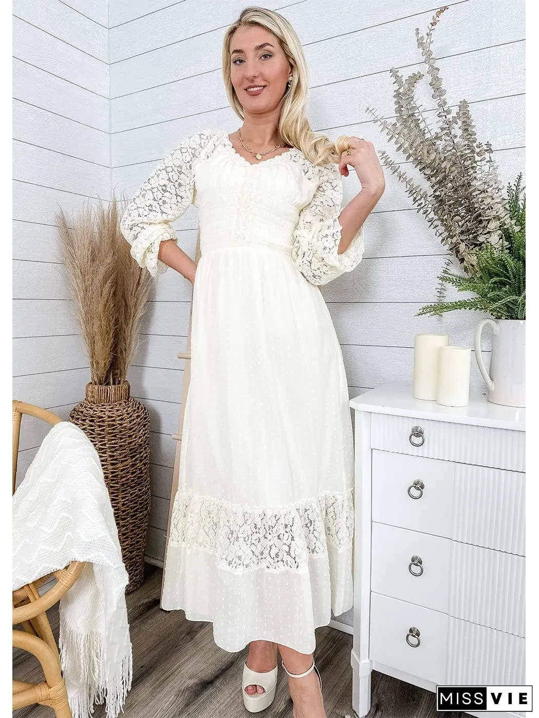 Womens Lace Long Sleeve V Neck Fall Maxi Dress