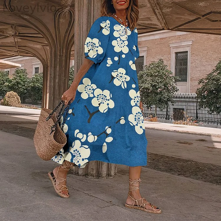 Causal Blue Floral Japanese Art And Spring Midi Dress