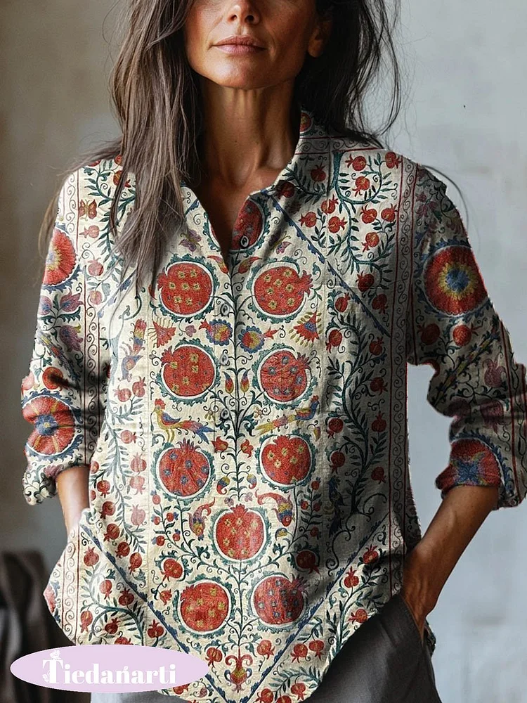 Women's Vintage Lovely Floral Art Print Casual Cotton And Linen Shirt