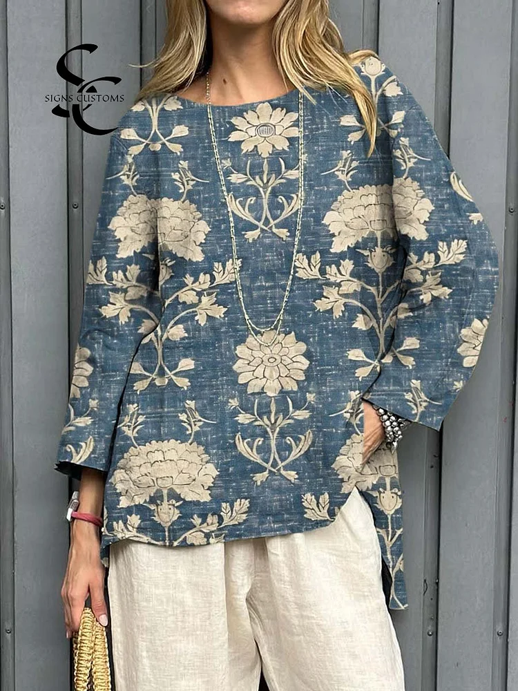 Women's Vintage Floral Art Print Casual Cotton And Linen Shirt