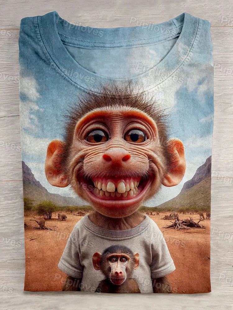 Pupiloves Pupiloves Funny Smiling Monkey Art Causal Short Sleeve T-shirt