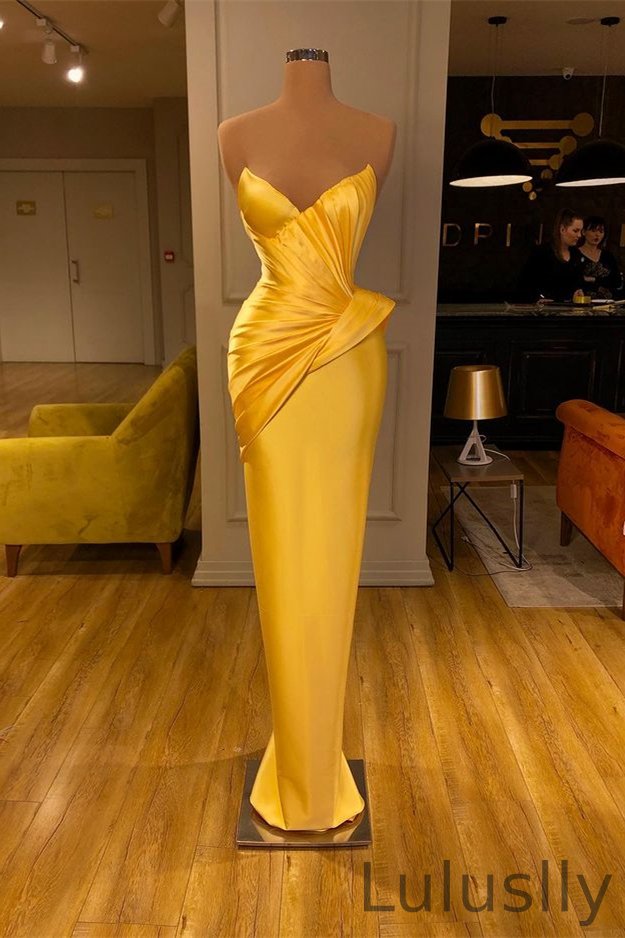 Luluslly Yellow Sweetheart Mermaid Prom Dress Long Sleeveless Pleated