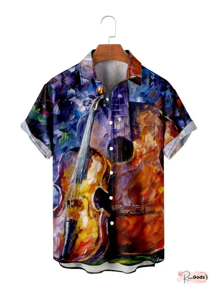Men's Summer Short-sleeved Shirt Oil Painting Music Guitar Holiday Men's Short-sleeved Shirt S,M,L,XL,XXL,XXXL,XXXXL