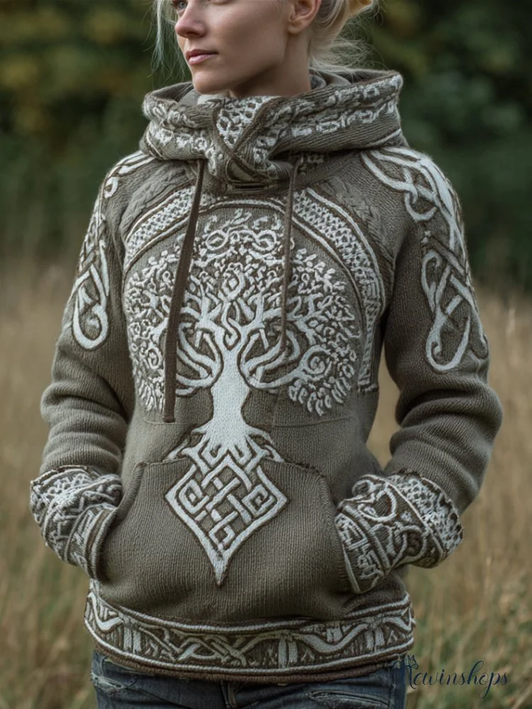 Women's Viking Style Tree Of Life Celtic Knot Green Hooded Sweater