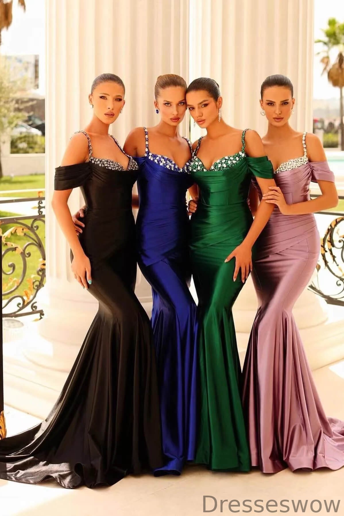 Dresseswow Straps Off-the-Shoulder Mermaid Evening Dress Long With Crystals