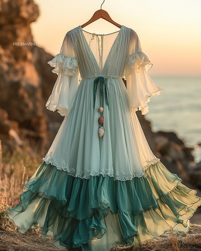 Summer vacation bohemian hand embroidered chiffon dress c73d