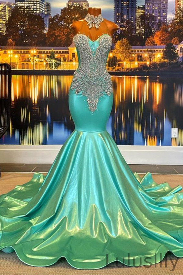 Classic Mint Green High Neck Prom Dress Mermaid With Crystals Sleeveless - lulusllly