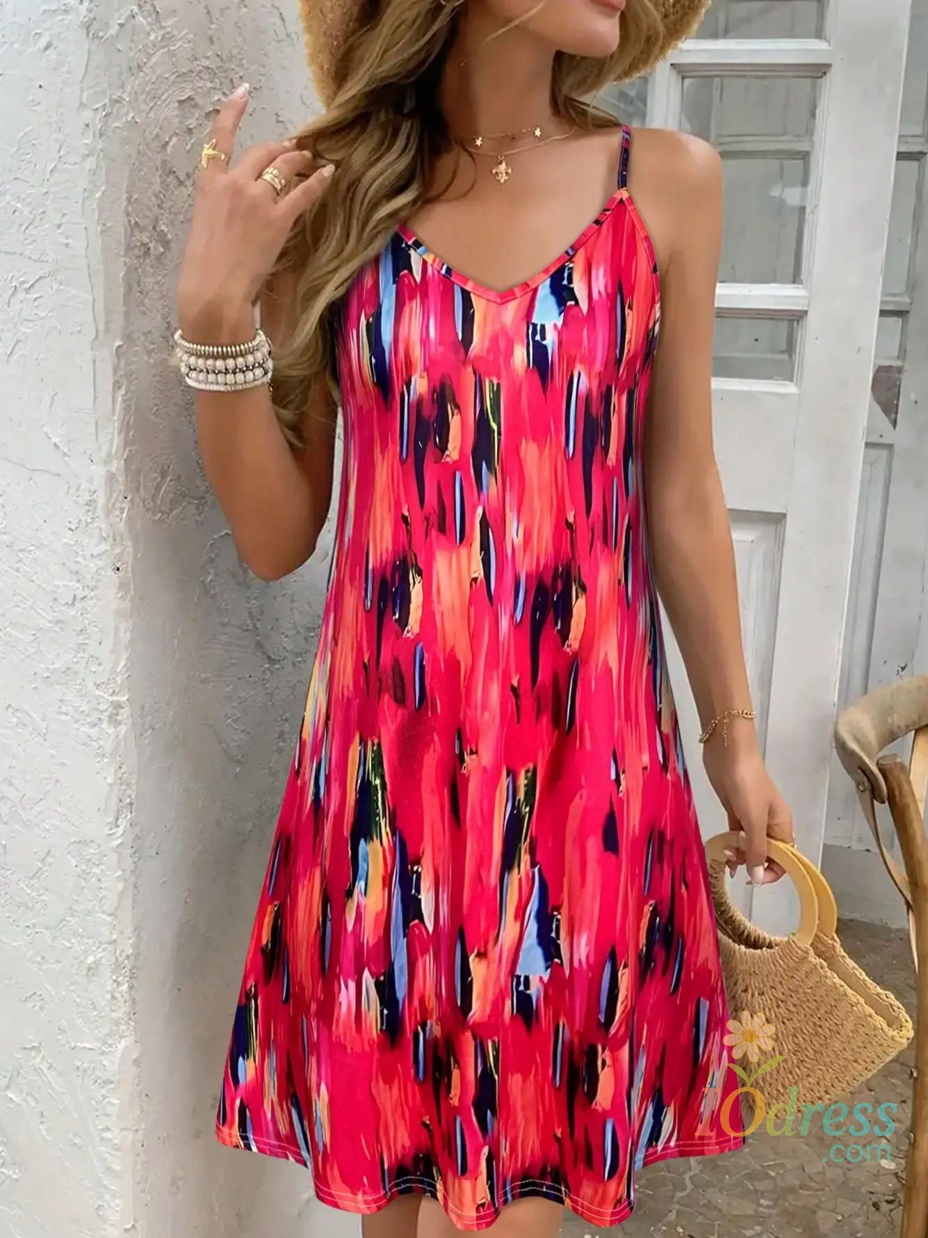 IO Dress Women's Summer V-Neck Slip Dress - Sleeveless All-Over Print Vacation Sundress , SlayDiva Beach Dress for Women, Flowy Bohemia M