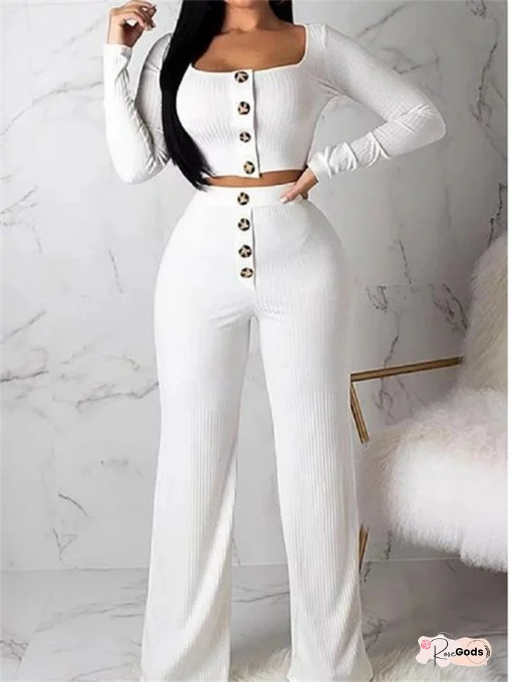 Solid Color Square Neck Women's Straight Pants Fall New Long-sleeved Splicing Ribbed Knit Cardigan Slim Button Casual Suit