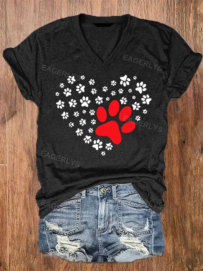 Eagerlys Women's Dog Paw Heart Dog Lovers Casual V-Neck Tee Eagerlys