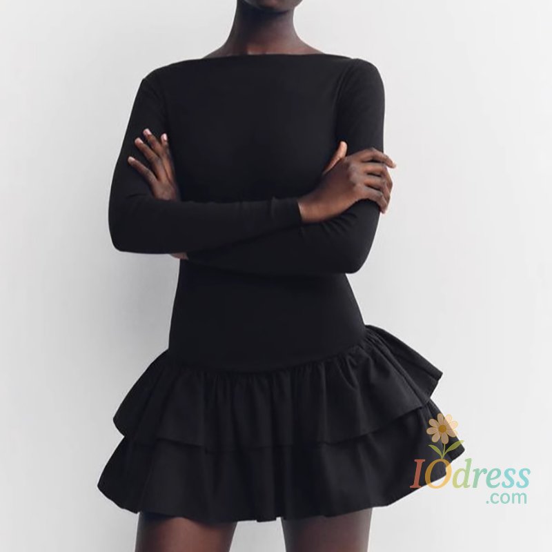 IO Dress Women Fashion Solid Tierred Ruffle A-Line Dress Spring Elegant O Neck Slim Fit Mini Dress Autumn Long Sleeve Simple Boho Dresses IO Dress