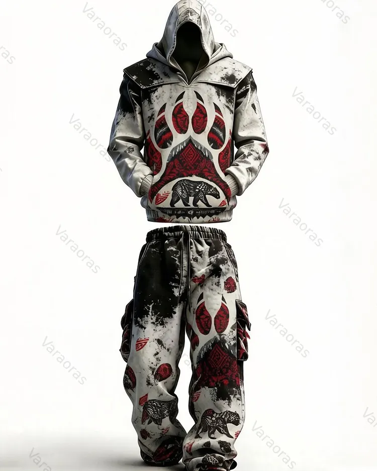 Men's Fashion Viking Contrast Color Embroidered Hoodie & Pants Two-Piece Set 9508